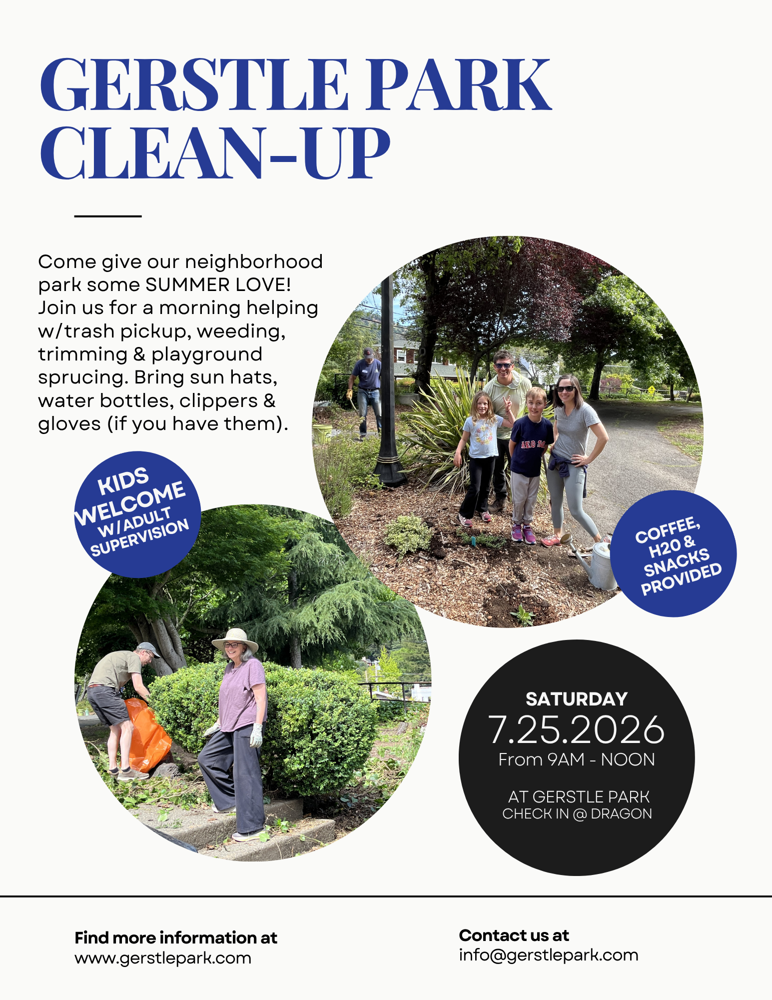 Gerstle Park Clean-Up flyer - Saturday, July 25, 2026, 9am-noon, check in at the Dragon Picnic Area, coffee/water/snacks provided, kids welcome with adult supervision